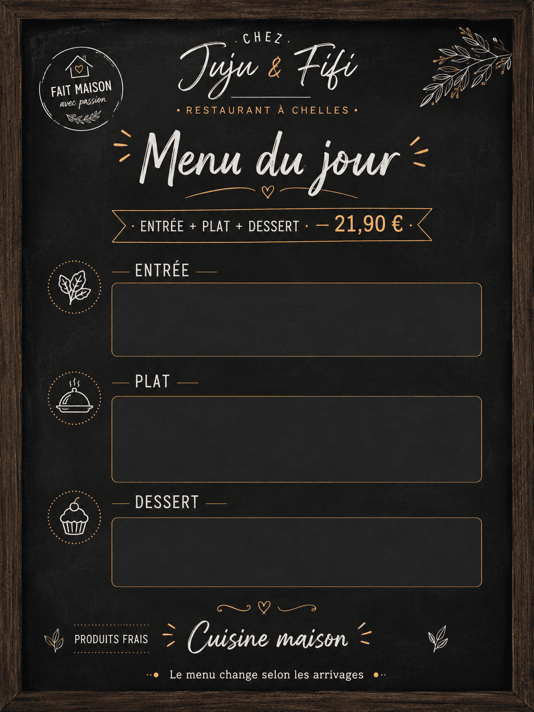 Ardoise menu du jour entrée-plat-dessert chez Juju & Fifi
