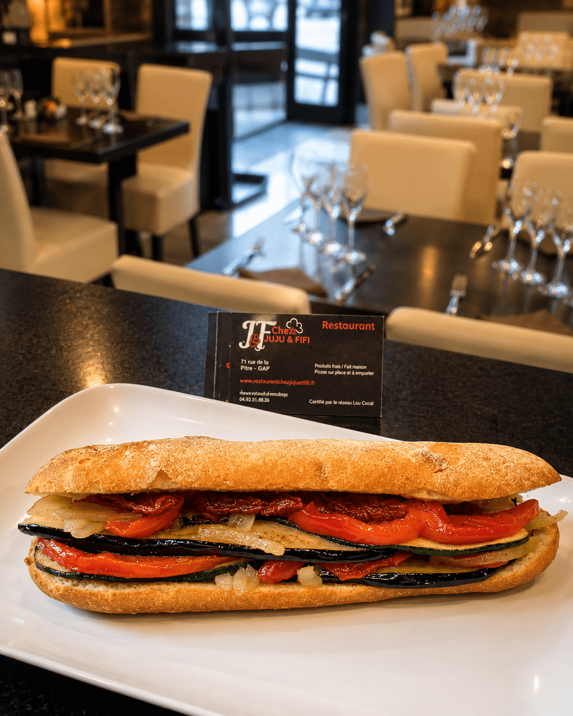 Sandwich aux légumes grillés présenté pour la sandwicherie Chez Juju & Fifi